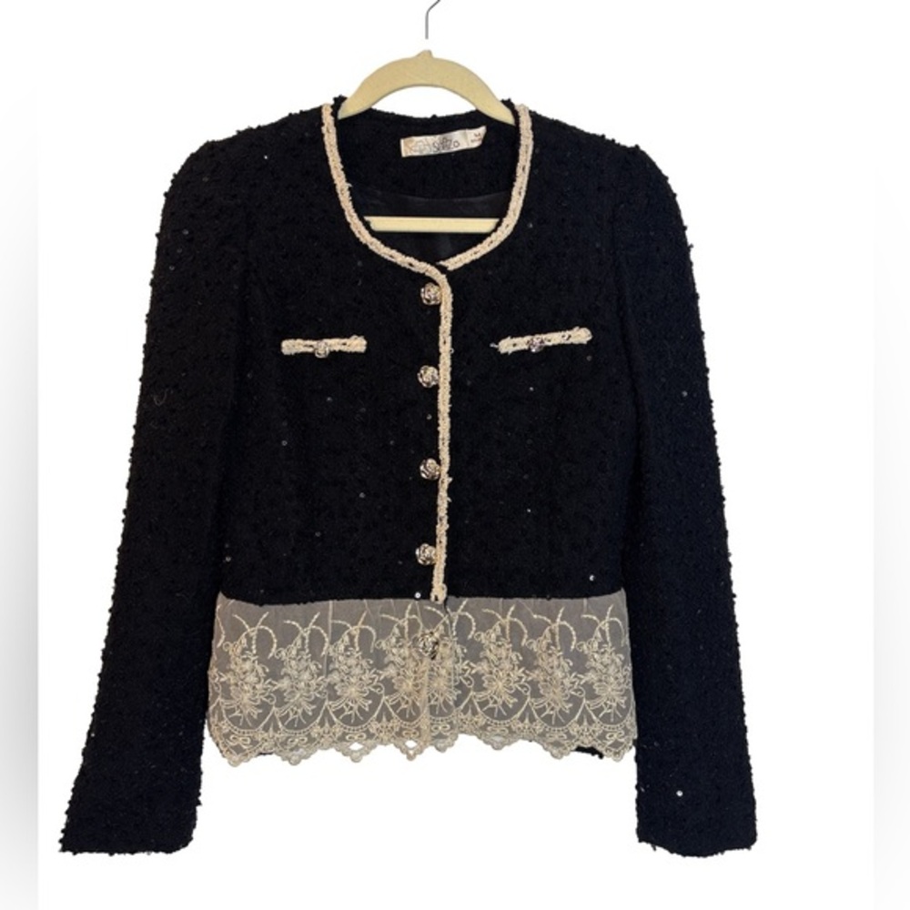 ⭐️ La Suez- Elegant Black Lace Trim Women's blazer- medium